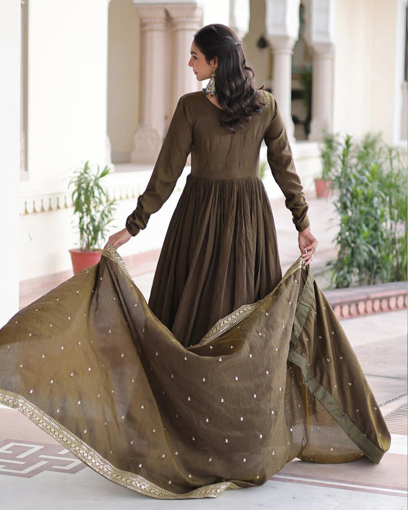 Womenline Mehndi Olive Color Vichitra Silk Sequence Embroidered Gown