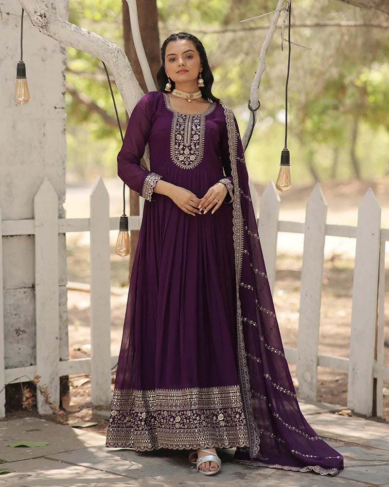 Womenline Purple Color Faux Blooming Rich Sequence Embroidered Gown