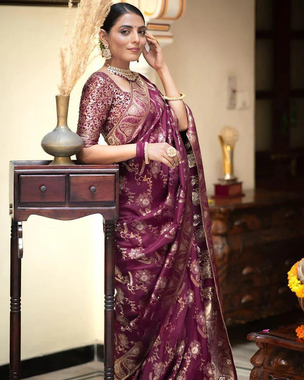 Womenline Wine Color Banarasi Jacquard Zari Weaving Saree