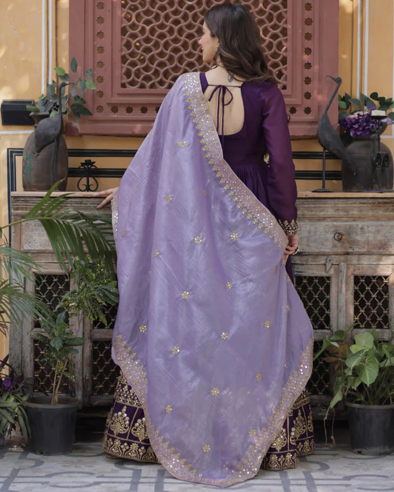 Womenline Wine Color Star Georgette Sequence Embroidered Gown