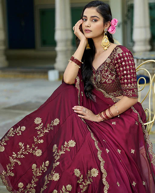 Womenline Dark Maroon Color Rangoli Silk Embroidered Lehenga Choli