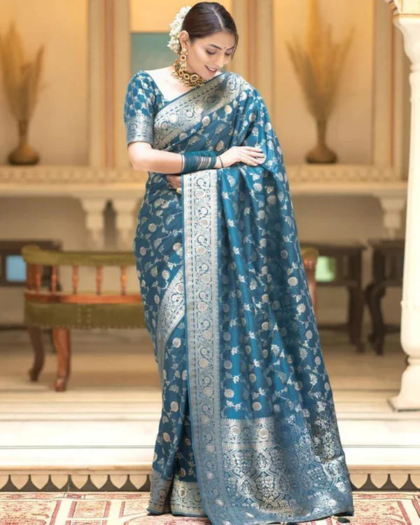 Womenline Rama Color Banarasi Jacquard With Zari Work Saree