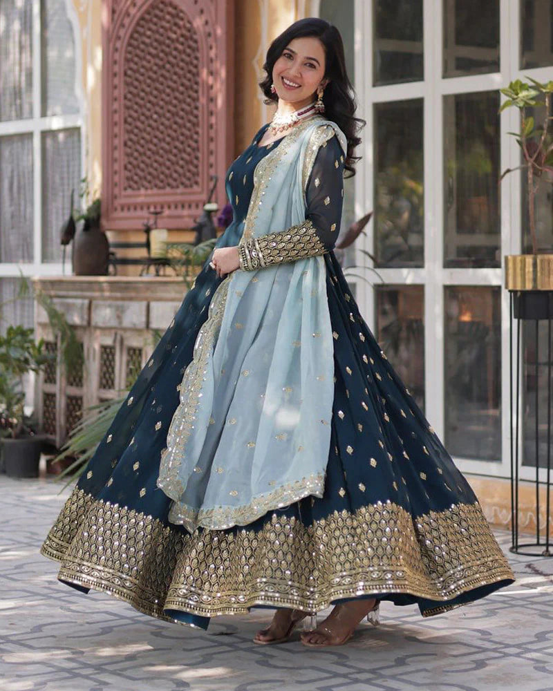 Womenline Viking Blue Color Faux Blooming Zari Embroidered Work Gown
