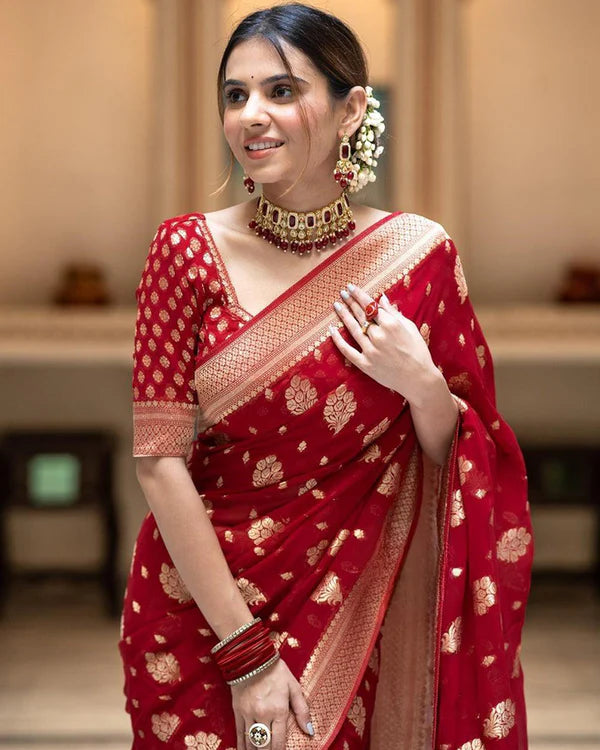 Womenline Red Color Banarasi All Over Jacquard Soft Silk Saree