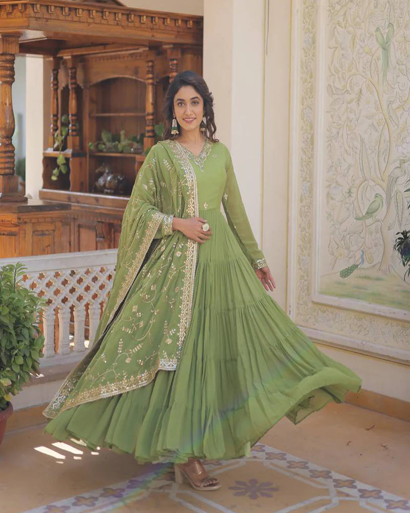 Womenline Parrot Green Color Faux Georgette Designer Anarkali Gown With Dupatta