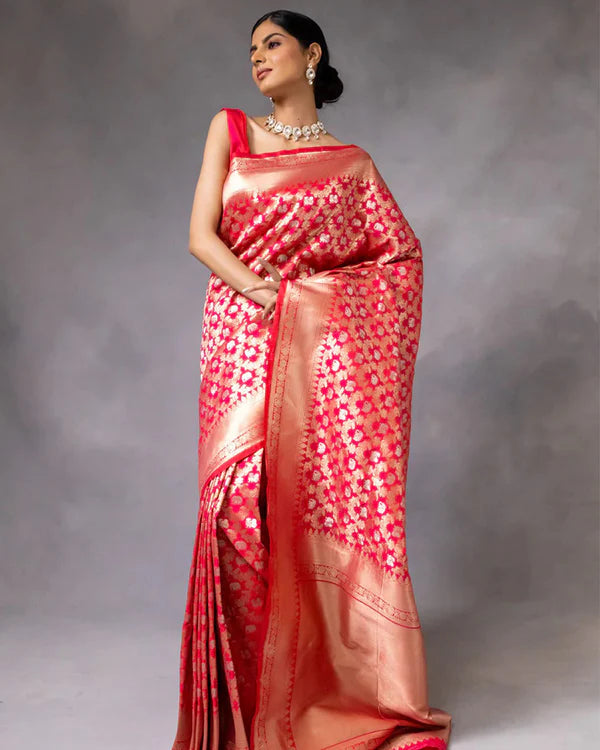 Womenline Red Color Banarasi Jacquard Soft Silk Saree