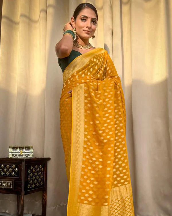 Womenline Beautiful Yellow Color Banarasi Jacquard Weaving Saree