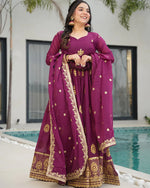Womenline Wine Color Star Georgette Sequence Embroidered Gown