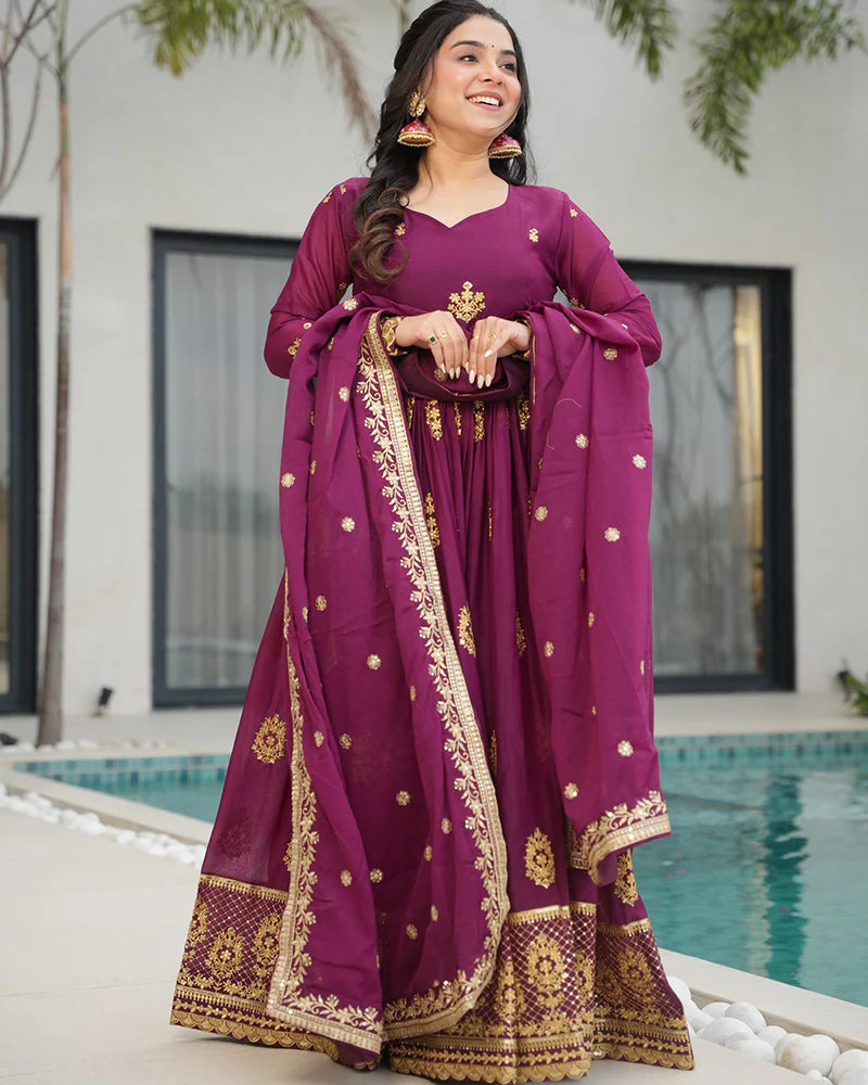 Womenline Wine Color Star Georgette Sequence Embroidered Gown