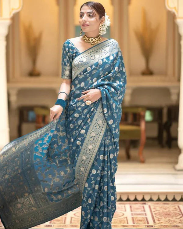 Womenline Rama Color Banarasi Jacquard With Zari Work Saree