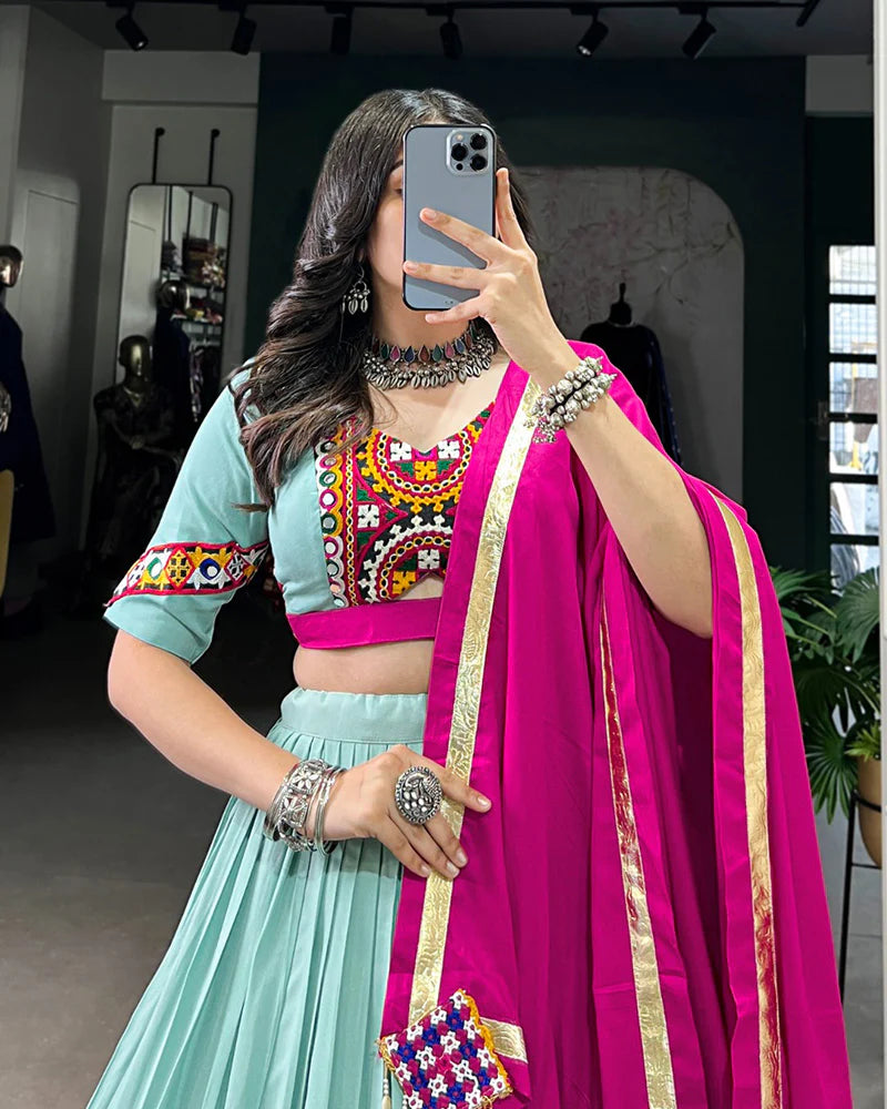Womenline Sea Green Color Rayon Navratri Lehenga Choli