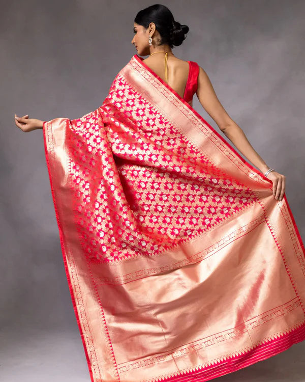 Womenline Red Color Banarasi Jacquard Soft Silk Saree