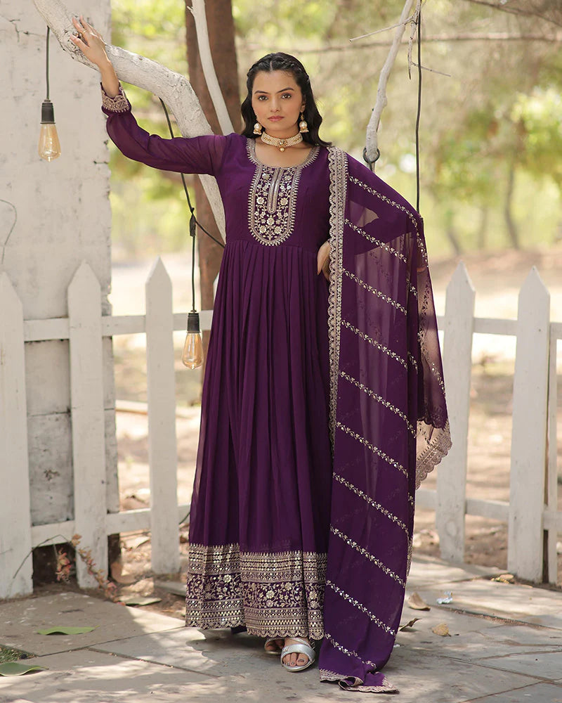 Womenline Purple Color Faux Blooming Rich Sequence Embroidered Gown