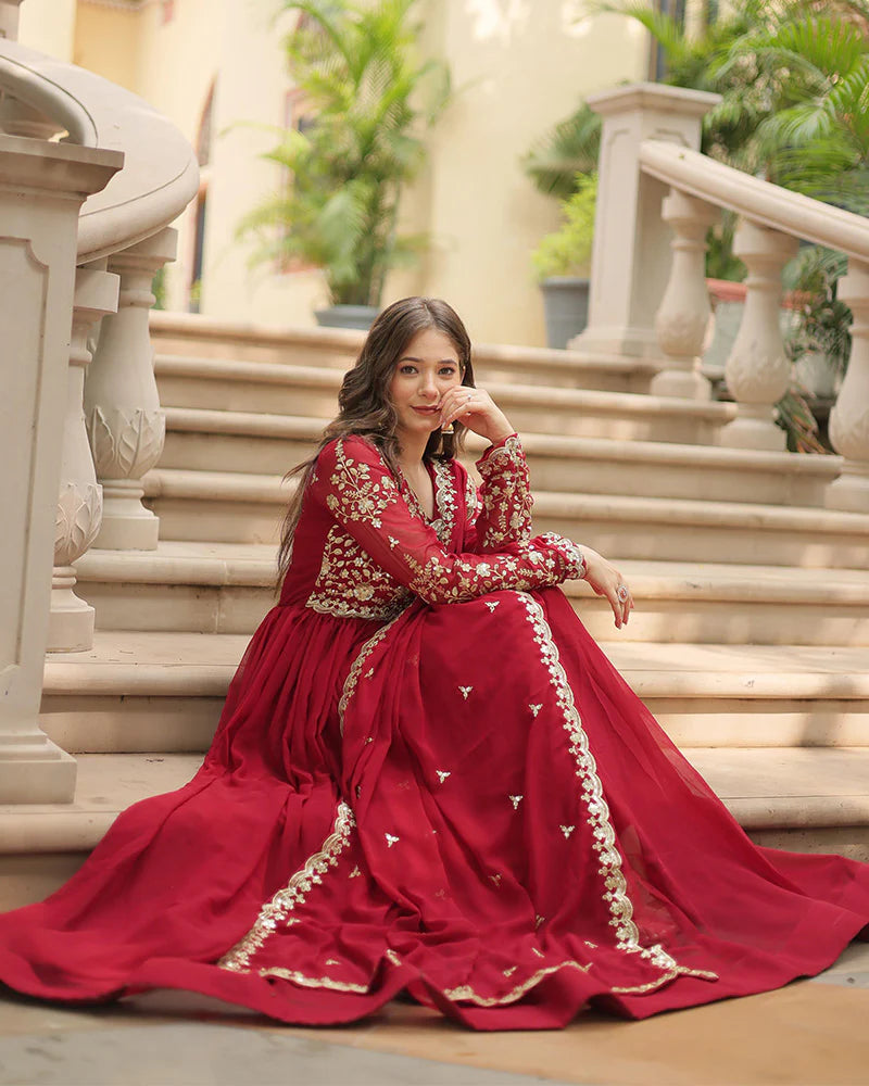 Womenline Maroon Color Faux Blooming Multi Embroidered Work Gown