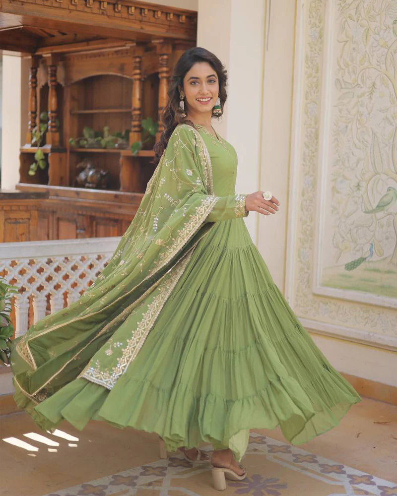 Womenline Parrot Green Color Faux Georgette Designer Anarkali Gown With Dupatta