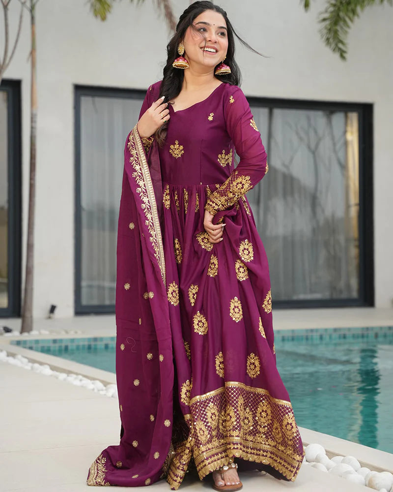 Womenline Wine Color Star Georgette Sequence Embroidered Gown