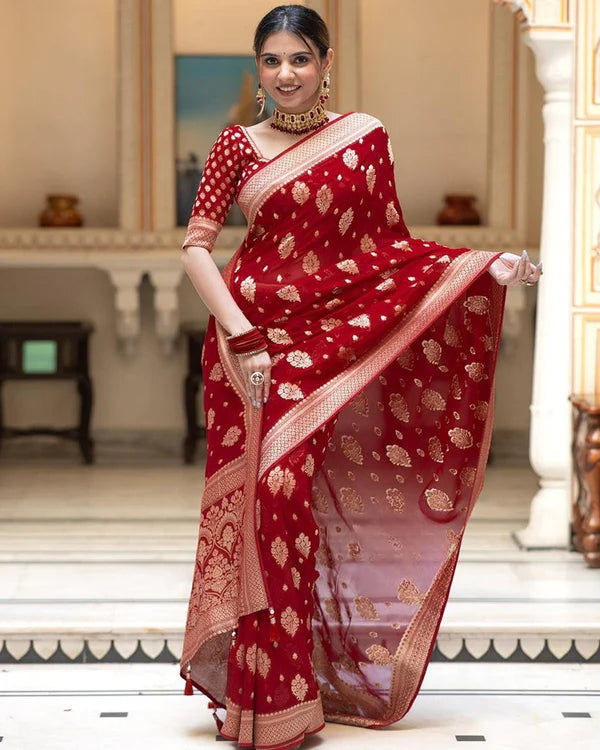 Womenline Red Color Banarasi All Over Jacquard Soft Silk Saree
