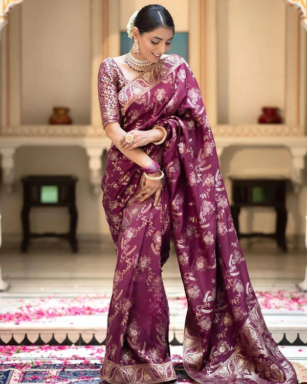 Womenline Wine Color Banarasi Jacquard Zari Weaving Saree