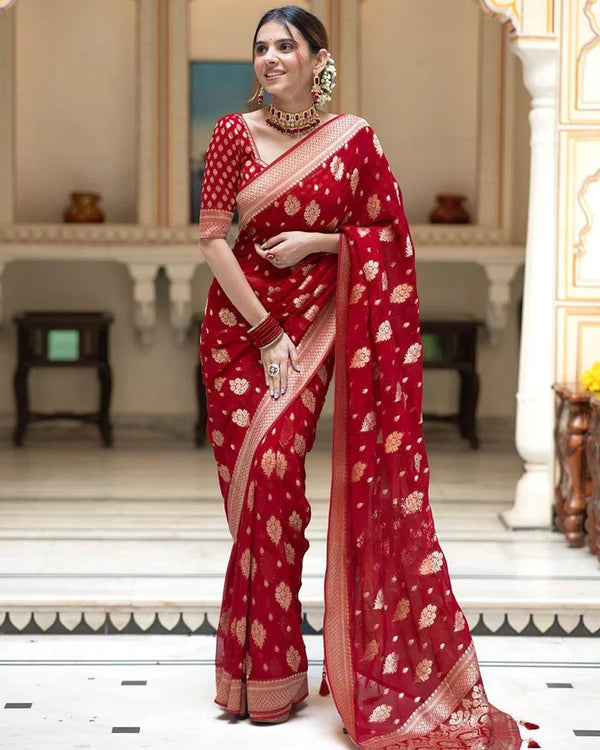 Womenline Red Color Banarasi All Over Jacquard Soft Silk Saree
