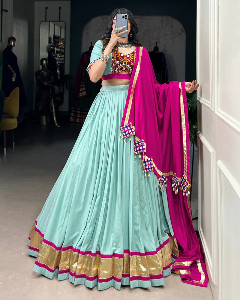 Womenline Sea Green Color Rayon Navratri Lehenga Choli