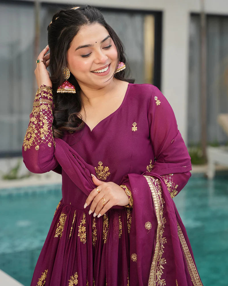 Womenline Wine Color Star Georgette Sequence Embroidered Gown