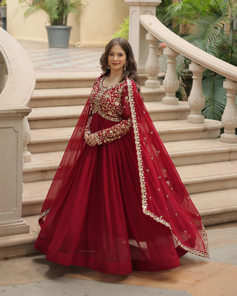 Womenline Maroon Color Faux Blooming Multi Embroidered Work Gown