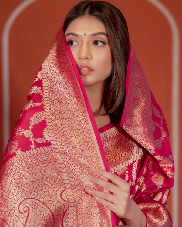 Womenline Rani Pink Color Banarasi Soft Silk Saree