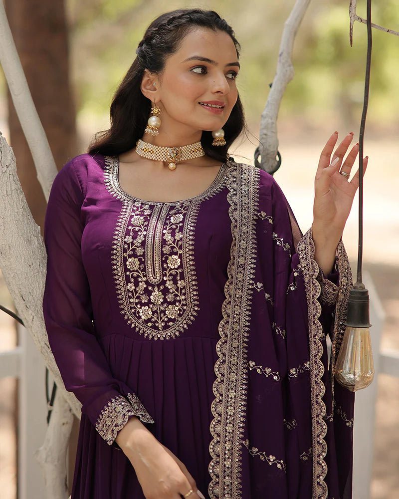 Womenline Purple Color Faux Blooming Rich Sequence Embroidered Gown