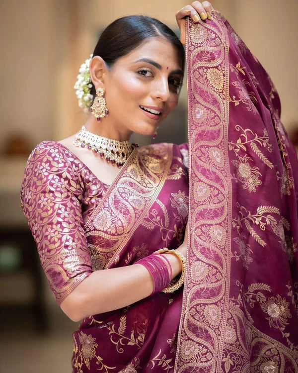 Womenline Wine Color Banarasi Jacquard Zari Weaving Saree