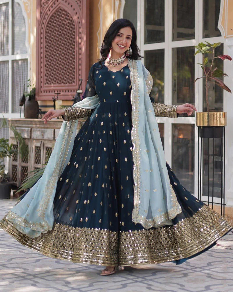 Womenline Viking Blue Color Faux Blooming Zari Embroidered Work Gown