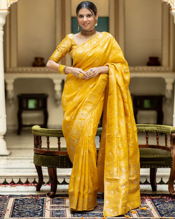Womenline Yellow Color Banarasi Jacquard Zari Weaving Saree