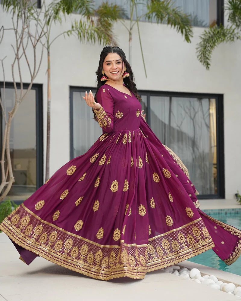 Womenline Wine Color Star Georgette Sequence Embroidered Gown