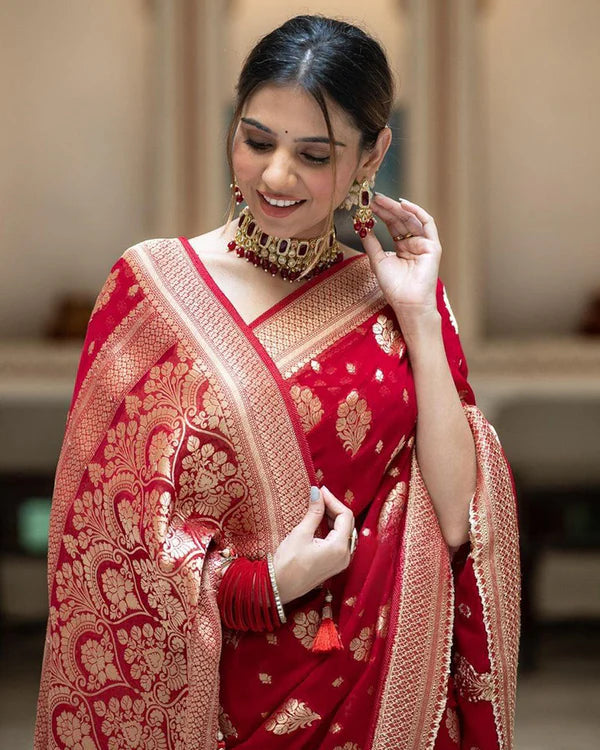 Womenline Red Color Banarasi All Over Jacquard Soft Silk Saree
