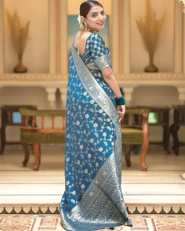 Womenline Rama Color Banarasi Jacquard With Zari Work Saree