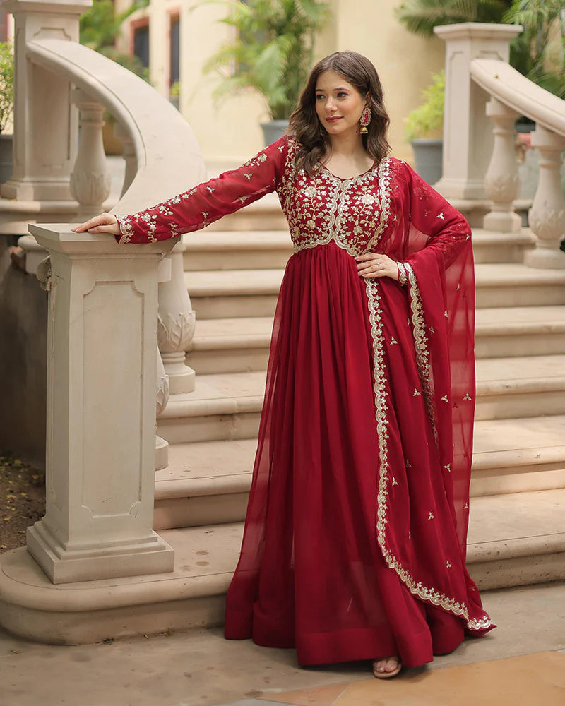 Womenline Maroon Color Faux Blooming Multi Embroidered Work Gown