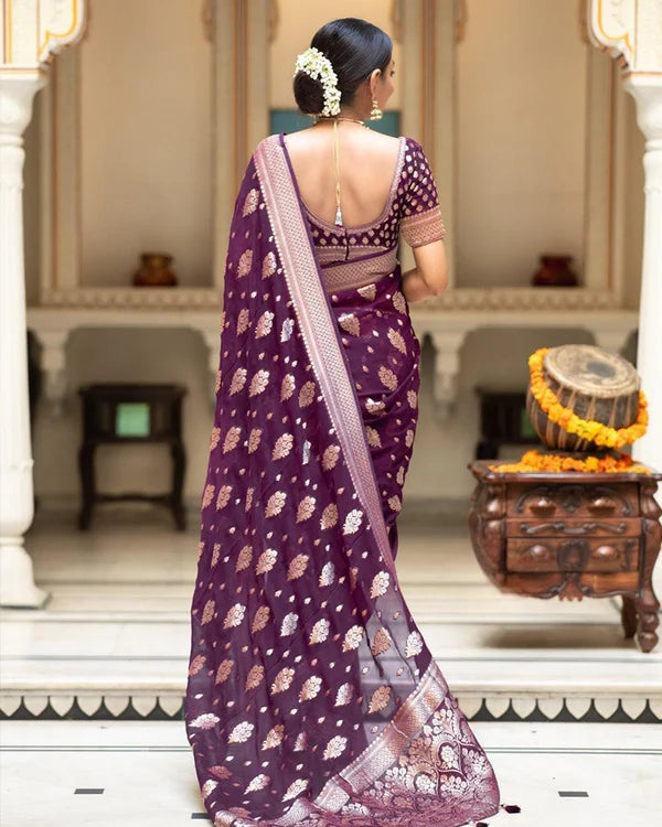 Womenline Wine Color Banarasi All Over Jacquard Soft Silk Saree