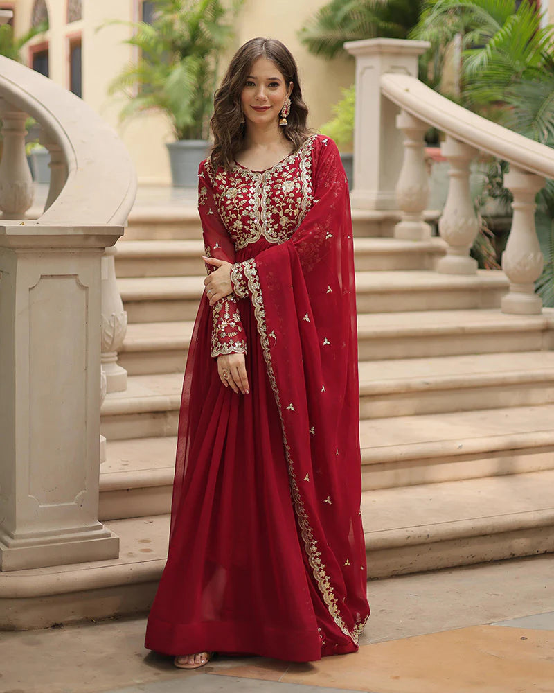 Womenline Maroon Color Faux Blooming Multi Embroidered Work Gown