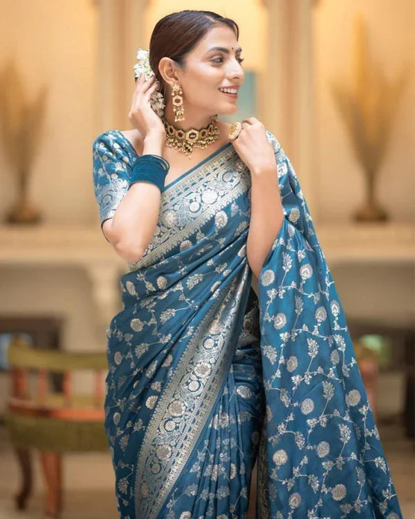 Womenline Rama Color Banarasi Jacquard With Zari Work Saree