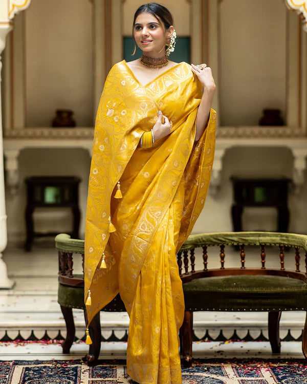 Womenline Yellow Color Banarasi Jacquard Zari Weaving Saree
