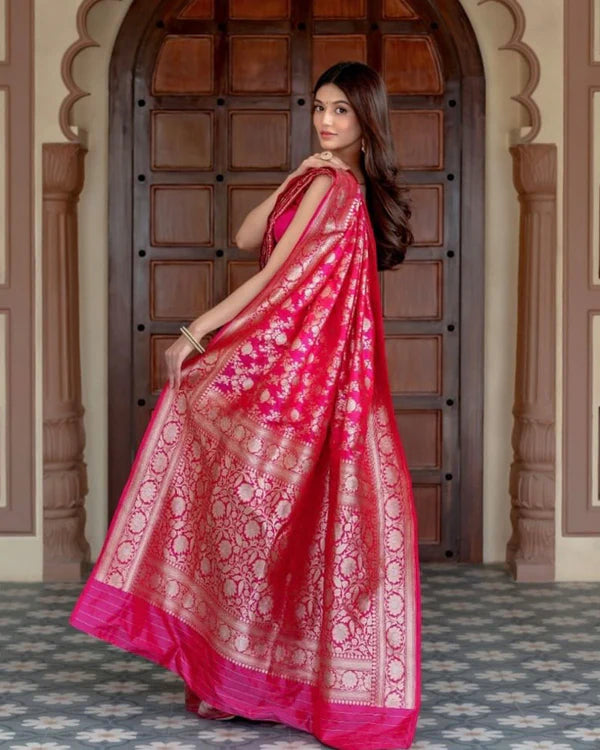 Womenline Rani Pink Color Banarasi Soft Silk Saree