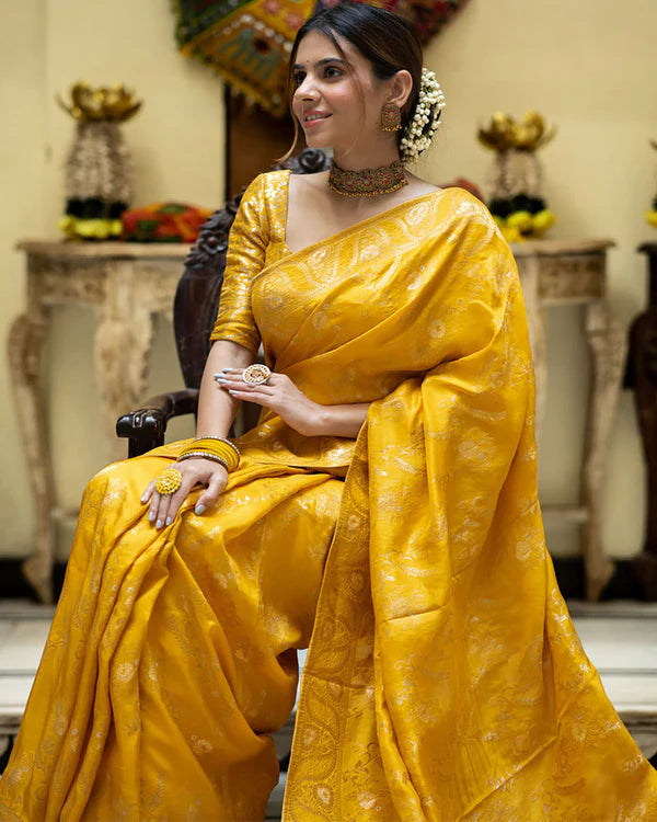 Womenline Yellow Color Banarasi Jacquard Zari Weaving Saree