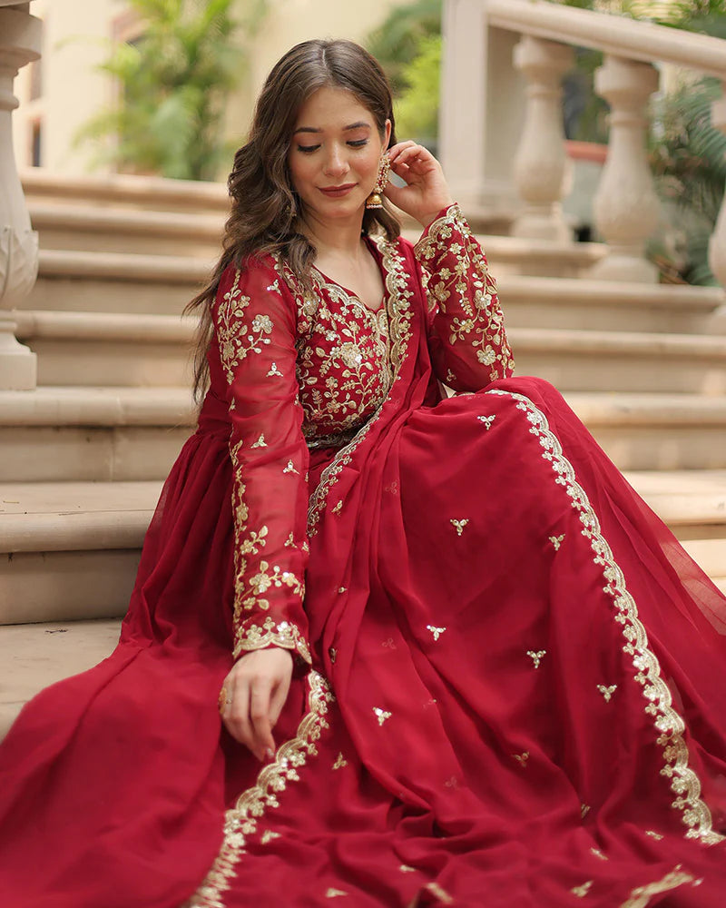 Womenline Maroon Color Faux Blooming Multi Embroidered Work Gown