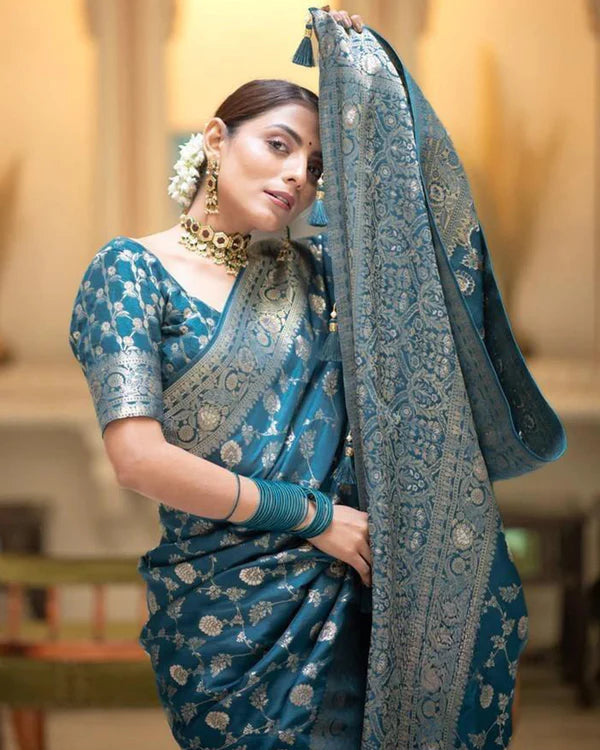 Womenline Rama Color Banarasi Jacquard With Zari Work Saree