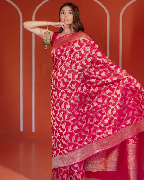 Womenline Rani Pink Color Banarasi Soft Silk Saree