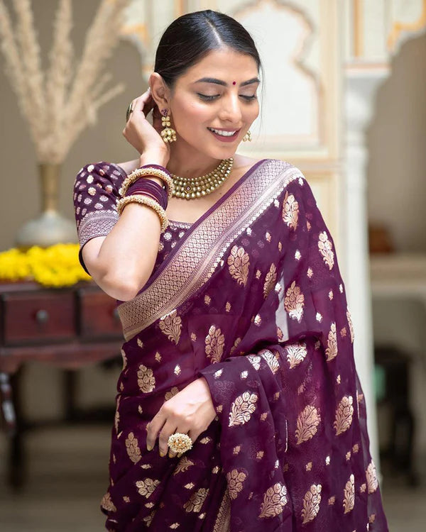 Womenline Wine Color Banarasi All Over Jacquard Soft Silk Saree