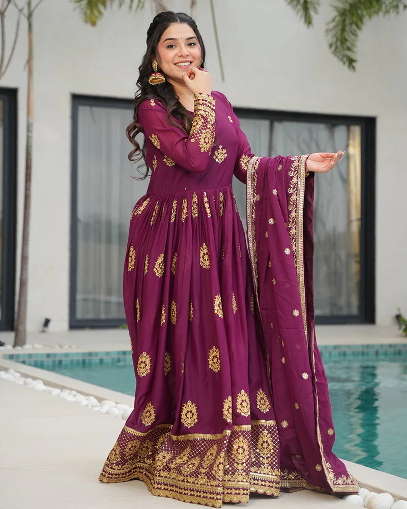 Womenline Wine Color Star Georgette Sequence Embroidered Gown