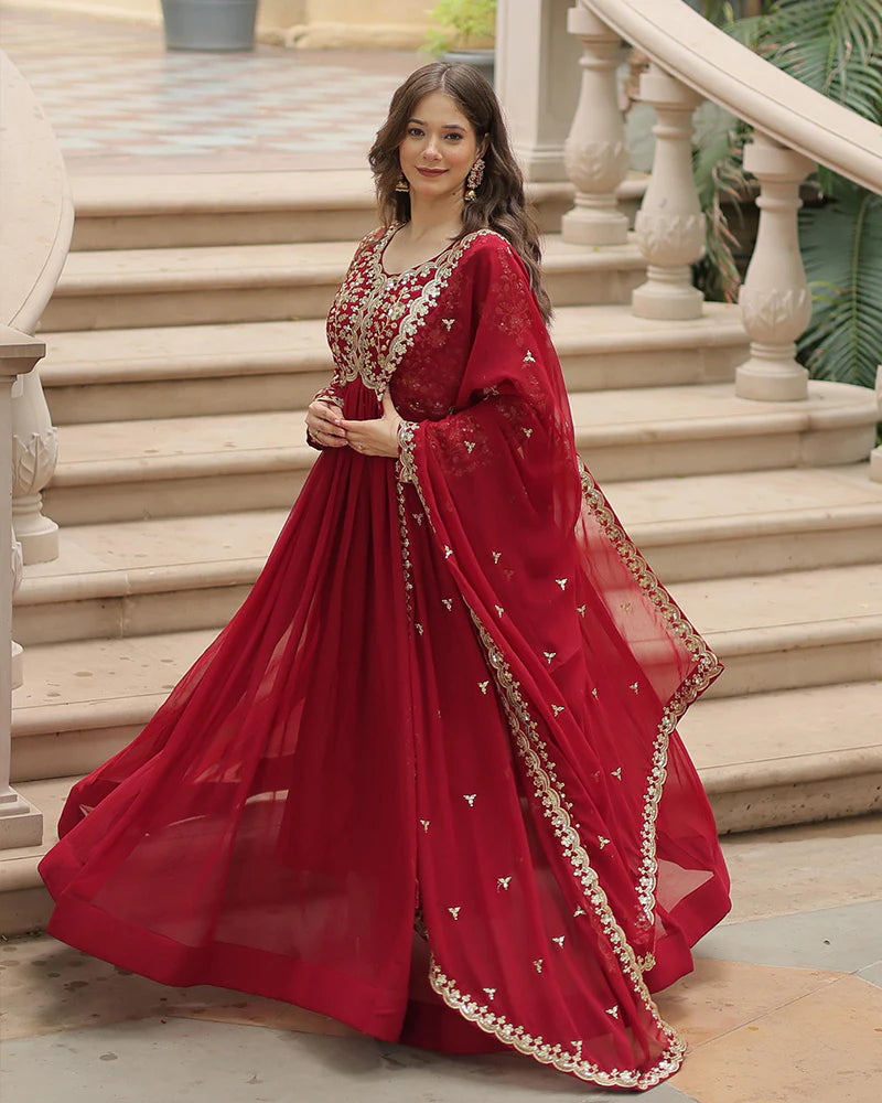 Womenline Maroon Color Faux Blooming Multi Embroidered Work Gown