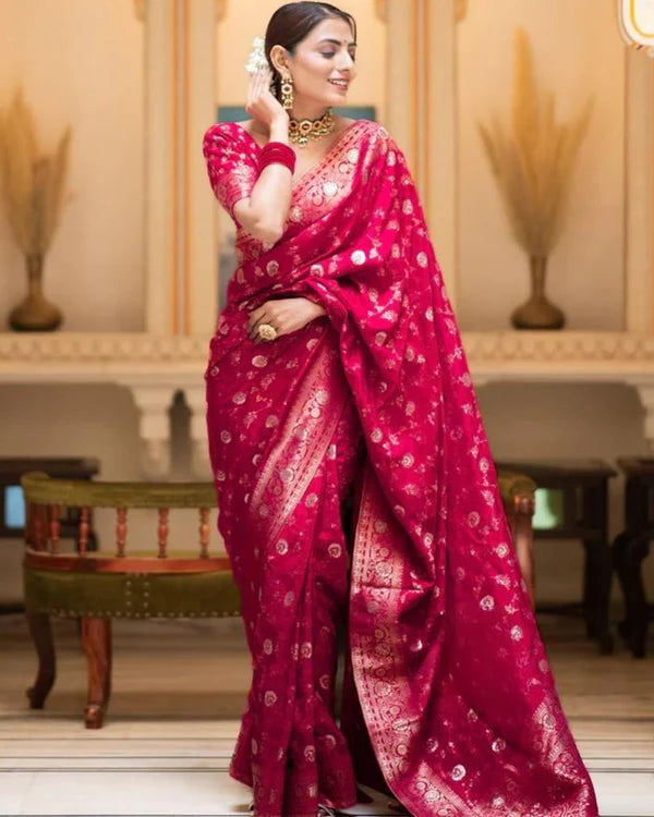 Womenline Rani Pink Color Banarasi Jacquard With Zari Work Saree