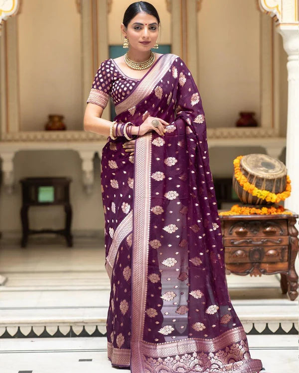Womenline Wine Color Banarasi All Over Jacquard Soft Silk Saree