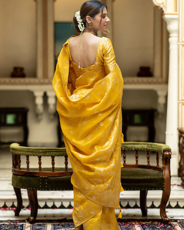 Womenline Yellow Color Banarasi Jacquard Zari Weaving Saree